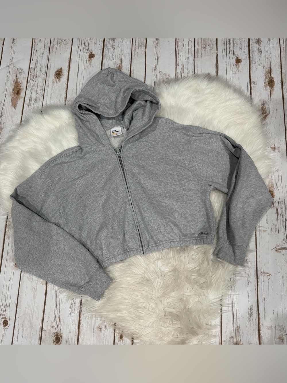TNA Heather Gray Large Cozy Sweatfleece Terry Fleece Perfect Zip Cropped Hoodie